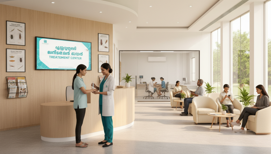 A modern 24-hour hospital reception area in Puthuppally, showcasing a clean and inviting environment for insect bite treatment. In the foreground, a friendly nurse in professional attire is assisting a patient, providing compassionate care. The middle ground features a well-organized waiting area with comfortable seats, medical posters, and informational brochures about insect bite prevention and treatment. In the background, you can see a bright consultation room with a medical practitioner examining a patient. The lighting is warm and welcoming, simulating daytime with soft, diffused natural light coming through large windows. Capture the essence of urgency and professionalism in a serene atmosphere, emphasizing accessibility and comprehensive care for insect bite cases.