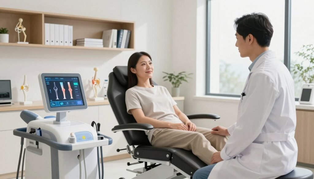 A modern and sophisticated clinic room specialized in advanced joint pain treatment. In the foreground, show a state-of-the-art treatment device with digital screens displaying joint health graphics; a medical professional in a white lab coat examines the device. In the middle, there’s a comfortable treatment chair with plush upholstery, where a patient is sitting, wearing modest casual clothing; their expression is calm and hopeful. In the background, neatly arranged shelving holds medical books and models of joints. Soft, natural lighting streams in from large windows to create a healing atmosphere, emphasizing cleanliness and professionalism. The overall mood is serene and optimistic, reflecting hope for effective treatment.