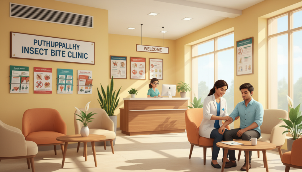 A modern insect bite treatment center in Puthuppally, featuring a clean and well-lit waiting area with comfortable seating. In the foreground, a friendly medical professional in a white lab coat is attending to a patient, who appears calm and relieved. In the middle ground, there are medical charts and informative brochures on the walls, creating an inviting atmosphere. The background shows a reception desk with a smiling receptionist, and large windows allowing natural light to flood the space, illuminating potted plants that add a touch of freshness. The overall mood is welcoming and reassuring, emphasizing the facility's expertise in treating insect bites. Use a warm color palette to enhance the feeling of safety and care.