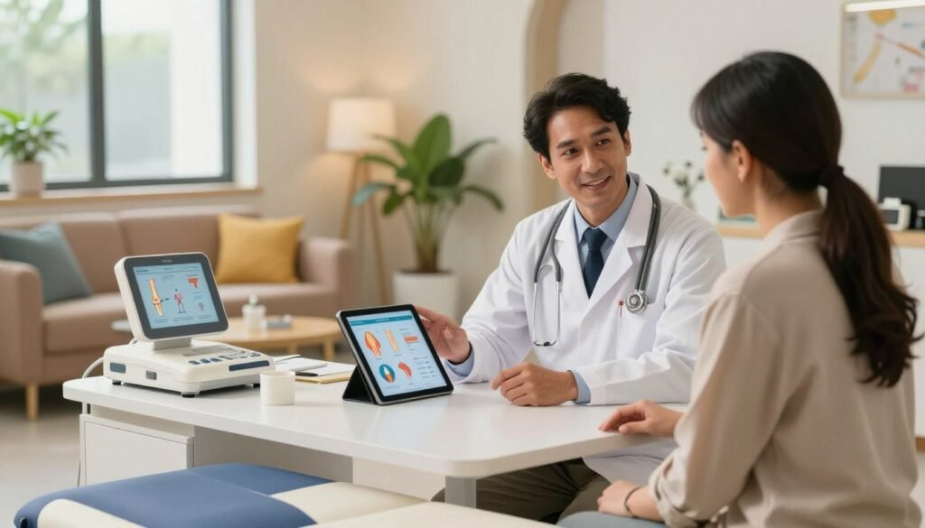 A professional consultation scene in a modern clinic specializing in joint pain relief services in Puthuppally. In the foreground, a compassionate doctor in a white coat, wearing business attire, discusses treatment options with a patient seated on an examination table. The doctor employs a reassuring gesture, highlighting a digital tablet with infographics about joint health. In the middle, various medical devices and charts related to joint pain management are neatly arranged on a desk. The background features a soothing, well-lit reception area with calming colors, plants, and comfortable seating. Natural light filters in through large windows, creating an inviting atmosphere. The overall mood is professional yet comforting, emphasizing the importance of skilled care in joint pain relief.