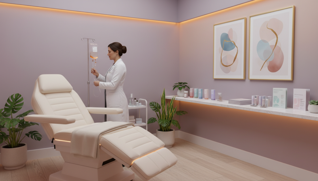 A serene and inviting skin care clinic interior, featuring sleek, modern decor and soft pastel colors. The foreground showcases a treatment area with a comfortable reclining chair, glowing under warm, diffused lighting. A professional cosmetologist, dressed in a crisp white lab coat, gently prepares an IV setup with glutathione and vitamin C. In the middle, a well-organized counter displays skin care products and informational brochures about treatments, surrounded by lush green plants for a refreshing touch. The background highlights an elegantly designed wall adorned with soothing artwork and ambient lighting, creating a calm atmosphere. The scene conveys a sense of tranquility and expertise, perfect for a high-quality skin treatment experience.