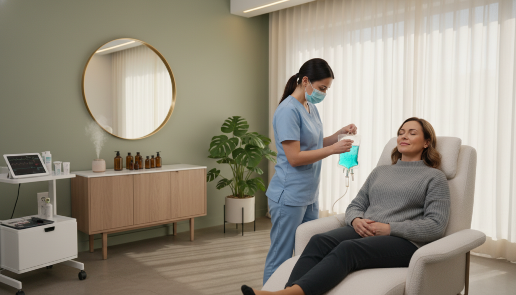 An aesthetically pleasing clinical setting showcasing a skin rejuvenation IV therapy session. In the foreground, a patient sits comfortably in a reclining chair, wearing modest casual clothing, with a serene expression as a nurse prepares an IV drip filled with a glowing, vibrant serum. The middle ground features a clean, well-organized treatment area with modern medical equipment and soothing décor, creating a calming environment. The background includes soft, ambient lighting from overhead fixtures, casting a warm glow throughout the room. Use a slightly elevated angle to capture the interaction between the patient and the nurse, emphasizing the professionalism and care involved in the procedure. The overall atmosphere should evoke tranquility and trust, embodying the essence of rejuvenation through IV therapy.